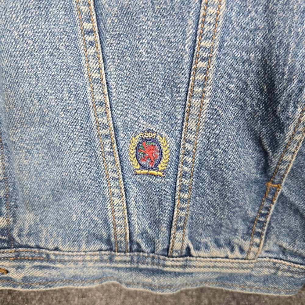 Vintage 90s Tommy Hilfiger Denim Jacket Mens Large Blue Jean Crest Logo Pockets - Picture 2 of 8